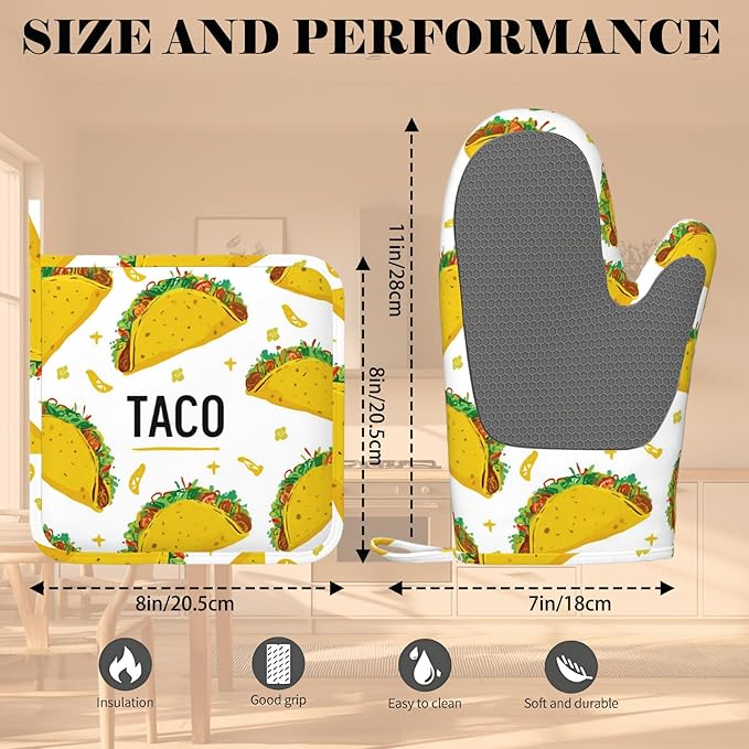 Taco Time Heat-Resistant Oven Mitts and Pot Holder Kitchen Non-Slip Silicone Cooking Microwave Gloves for Cooking Baking Grilling