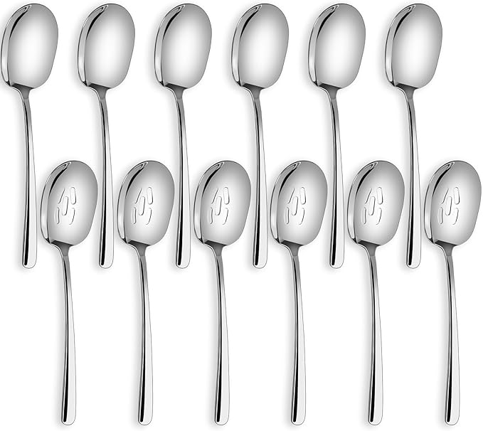 SOLEADER Extra Large Serving Spoons Set of 12,Foodgrade 18/8 12 Inch Stainless Steel Slotted Spoon,Buffet Serving Utensils,Spoons Silverware,Cooking Spoon,Pasta Spoon,Mixing Spoon