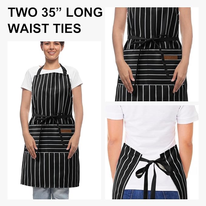 DILLMAN Kitchen Cooking Adjustable Aprons - Men Women Bib Soft Chef Stripes Apron with 2 Pockets