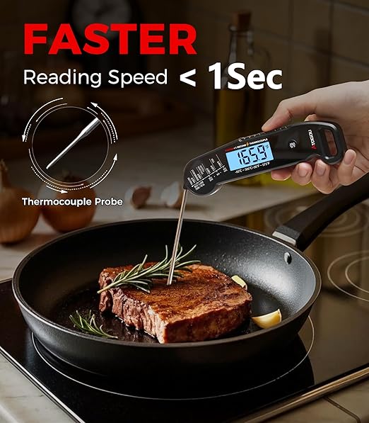 Atogou Meat Thermometer, Professional Food Thermometer, <1 Sec Instant Read, ±0.5℉ Accuracy, Thermocouple Sensor, Waterproof Digital Thermometer for Cooking, BBQ, Grill, Him Dad Birthday Gifts, Black