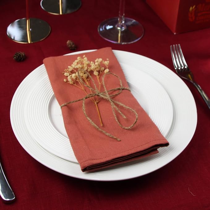 Solid Color Cotton Blended Dinner Cloth Napkins - Set of 12 (17 x 17 inches) - for Christmas Thanksgiving Fall Use (Cinnamon)