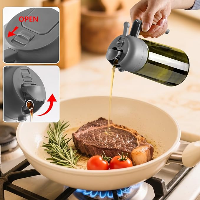 SWEET VIEW 2PCS Olive Oil Dispenser and Oil Sprayer – 16oz/470ml Glass Light-Proof Oil Pourer for Kitchen Air Fryer, Cooking, Salad, and BBQ, with Stickers