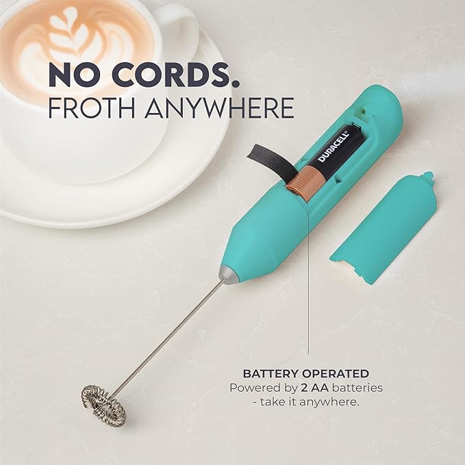 Zulay Kitchen Powerful Milk Frother AA Batteries Included – Ultra Fast Handheld Drink Mixer with Stainless Steel Whisk Stirrer for Coffee, Protein, Matcha & More, Frother Wand Electric Frothmate Aqua
