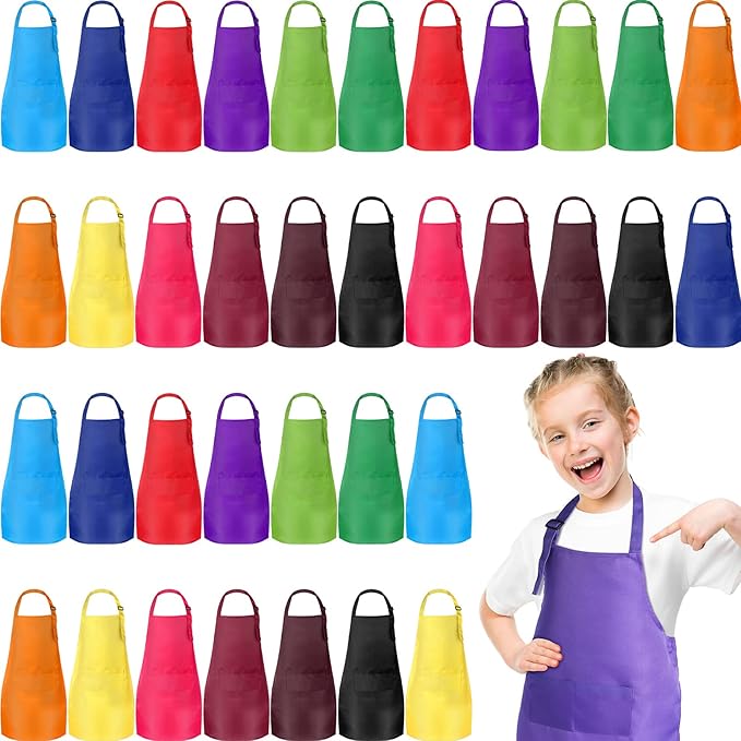 Handepo 36 Pcs 12 Colors Kids Aprons Bulk L for 7-13 Age Adjustable Children Chef Aprons with Pockets Kids Painting Apron for Cooking Baking Crafting Art Activity