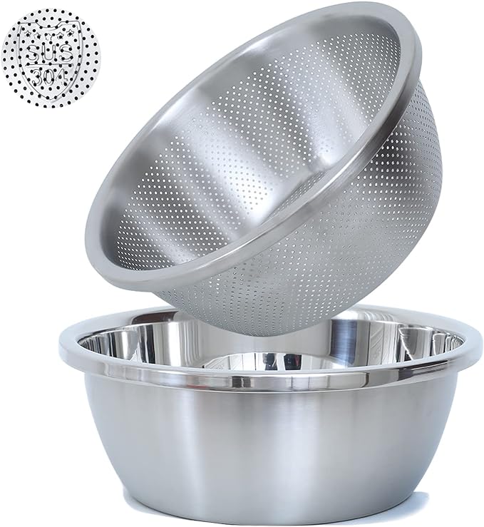 304 Stainless Steel Microporous Colander, 1.5QT Large Capacity with Mixing Bowl For washing vegetables, fruit and rice and for draining cooked pasta(2PC)