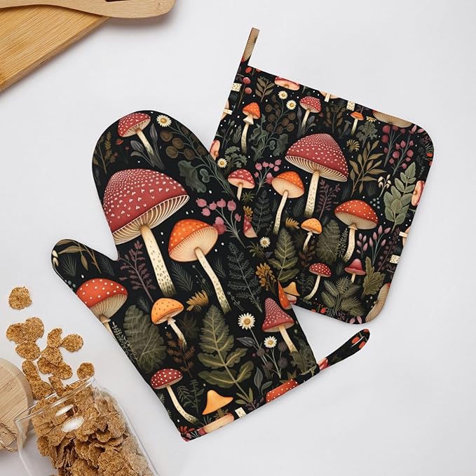Oven Mitts and Pot Holders Mushroom Botanical Leaf Vintage Silicone Kitchen Accessories Set of 2 Heat Resistant Long Gloves Potholder Non-Slip Grip for Chef Cooking Baking Grilling BBQ