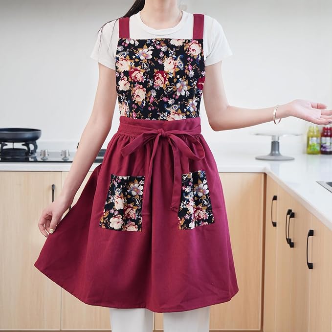 Pinknoke Vintage Pinafore Apron Dress for Women with Pockets Cute Floral Chef Aprons for Kitchen Cooking Baking Gardening