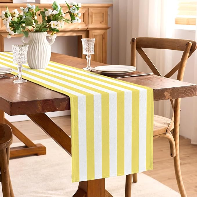 Yellow and White Cabana Striped Table Runner Birthday Party Decoration Baby Shower Dining Room Home Kitchen Table Decor (Yellow, 13" x 108")