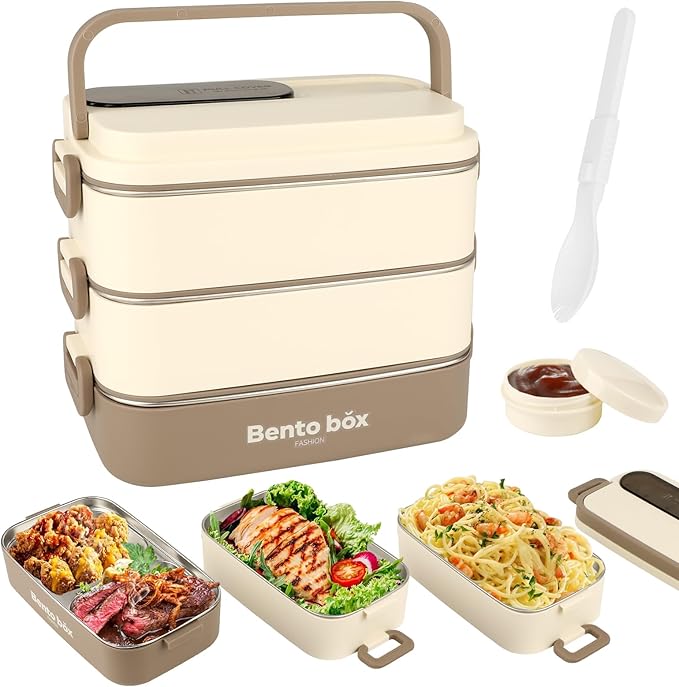 Suteng Triple-Layer Bento Box Adult All-in-One Design | 2.1L Stainless Steel Lunch Containers for Adults | Leakproof Microwave-Safe Food Container with Cutlery(Spoon) & Hidden Handle | Beige