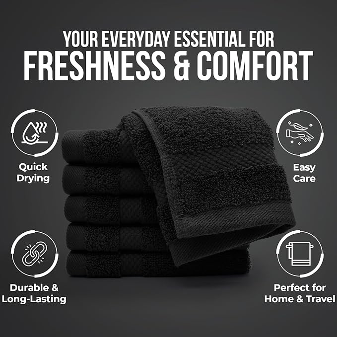 DAN RIVER 12-Pack Premium 100% Cotton Black Face Towels for Bathroom - Reusable Face Wash Cloths for Showering 12x12 Inches - 550 GSM Super Soft & Absorbent Luxury WashCloths for Body, Spa & Gym