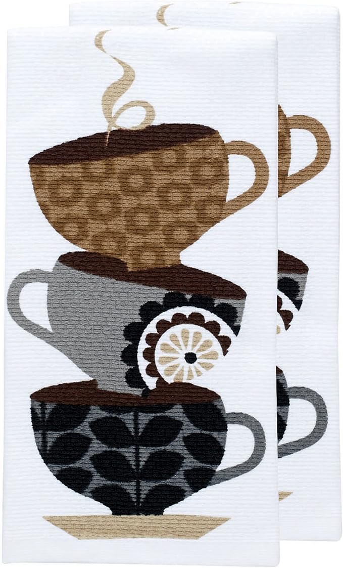T-fal Textiles Double Sided Print Woven Cotton Kitchen Dish Towel Set, 2-pack, 16" x 26", Coffee Cups Print