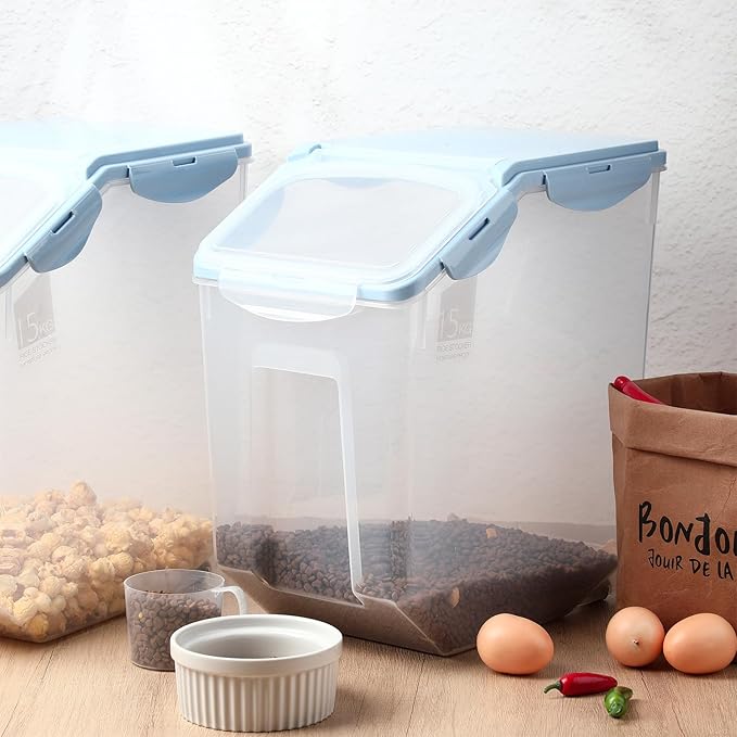 Umigy 4 Pack Rice Storage Container With Wheels Plastic Airtight Lid Flour Container Bin for Dog Pet Cereal Grain Dry Food, 15 Liter / 30 lbs (Blue)