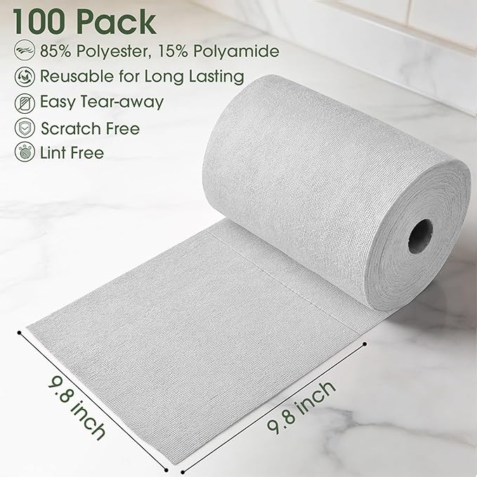 Microfiber Cleaning Cloth Roll - 100 Pack Tear Away Microfiber Paper Towels, Reusable, Washable, Scratch-Free, Kitchen Towels for Car, Home, Kitchen, Glass, Dishes (Light Grey)