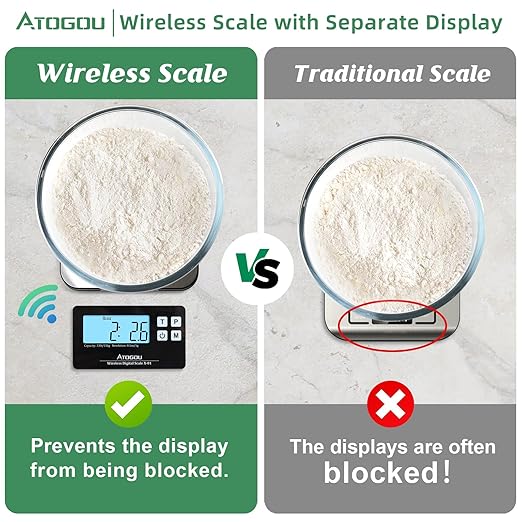 Atogou Food Scale, 33lb Wireless Kitchen Scale with Remote Display, 1g/0.1oz Precise Graduation, Food-Grade 304 Stainless Steel, Digital Food Scale for Cooking, Baking, Postage, Shipping, Black&Silver
