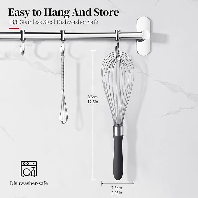 12inch Kitchen Wire Whisk, 18/10 Stainless Steel Metal Balloon Wisk （Large, Black）