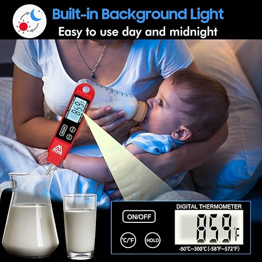 Digital Food Cooking Thermometer, 304 (18/10) Stainless Steel Thermometer Instant Read Meat Thermometer for BBQ Grill Smoker Milk and Water (Red)