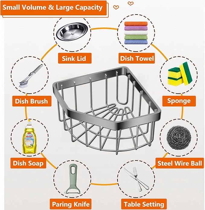 Sink Caddy Corner Kitchen Sink Organizer, Adhesive Sponge Caddy for Kitchen Stainless Steel,Dish Cloth Hanger Sponge Holder Soap Storage Rack for Space-Saving Storage(not for Rounded)