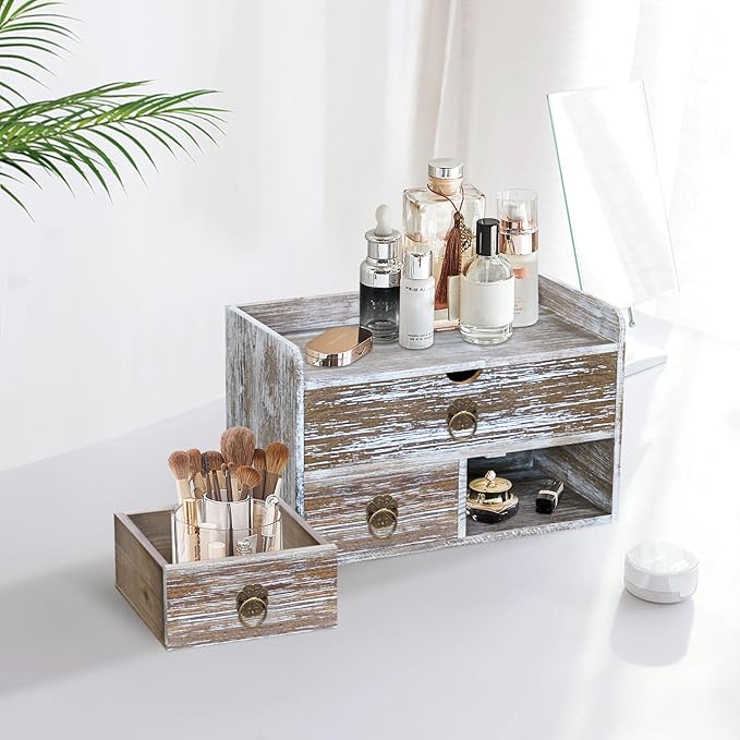Wood Desk Organizer with Drawer, Washed Brown Wooden Desktop Organizer, Tabletop Storage Organization Box for Countertop, Home Office Supplies (3 Drawer and Shelf)