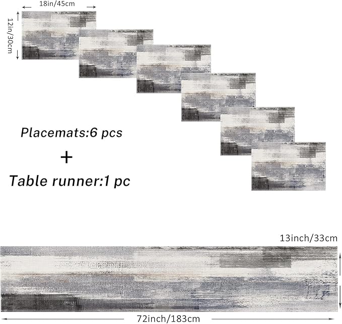 Emvency Grey Table Runner and Placemats Set of 6, Abstract Dark Gray Decorations for Indoor Outdoor Dining Decor(1 Table Runner 72 inches Long and 6 Placemats)