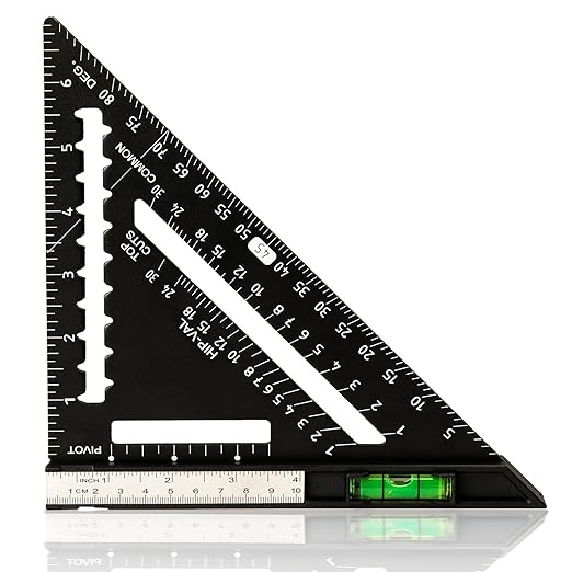 Beslands 7 inch Rafter Square with Level, Aluminum Metal Triangle Ruler Carpenter Square Woodworking Layout Tool Aluminum Triangle Tool Stainless Steel Ruler (Black)