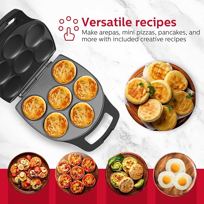 Holstein Housewares Non-Stick 6-Section Multi-Food Maker - Arepas, Mini Pancakes, Corncakes and More, 6-PC, Matte Black