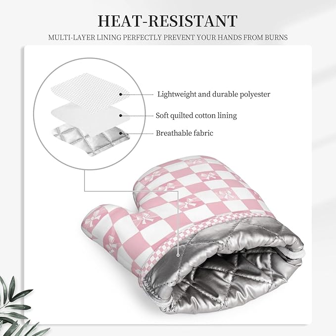 Oven Mitts and Pot Holders Pink Check Bow Pattern Silicone Kitchen Accessories Set of 2 Heat Resistant Long Gloves Potholder Non-Slip Grip for Chef Cooking Baking Grilling BBQ