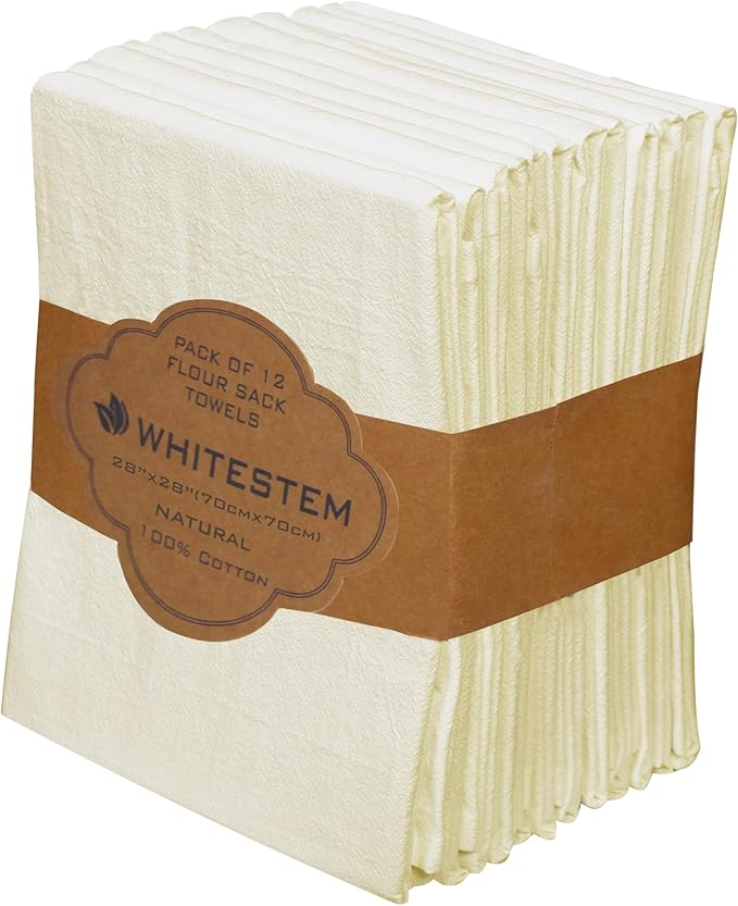 Flour Sack Towels 28” x 28” – Pack of 12 Cotton Kitchen Towels, Dish Towels and Tea Towels for Embroidery, Thick Absorbent for Baking & Bread Proofing - Natural