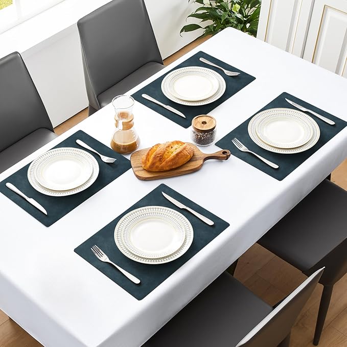 MOSAYT Vinyl Placemats Set of 6-12 X 17 Inch - Faux Leather 100% Waterproof Oil-Proof Wipeable PU Place Mats, Heat Resistant Reversible Table Mats for Kitchen, Dining, Outdoor (Navy Blue)