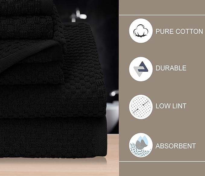 COTTON CRAFT Waffle 6 Piece Towel Set - 100% Cotton - 2 Oversized Luxury Euro Spa Waffle Weave Large Bath Towels, 2 Hand Towels, 2 Washcloths - Absorbent Quick Dry Hotel Bathroom Shower Pool - Black