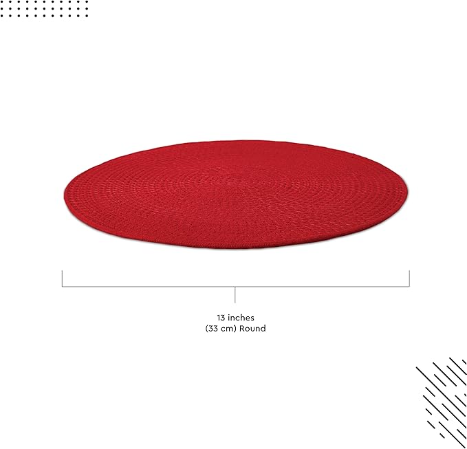 Encasa XO Dining Placemats Set of 6 | Cotton Round Table Mat - 13 in Diameter | Red | Handmade Rib Style Chargers for Dinner Plates