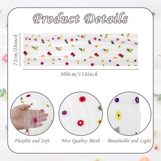 YATOJUZI White Table Runner Embroidery Daisy Summer Floral Decorations Seasonal Tulle Dining Table Runners for Home Kitchen Decor Wedding Shower Party