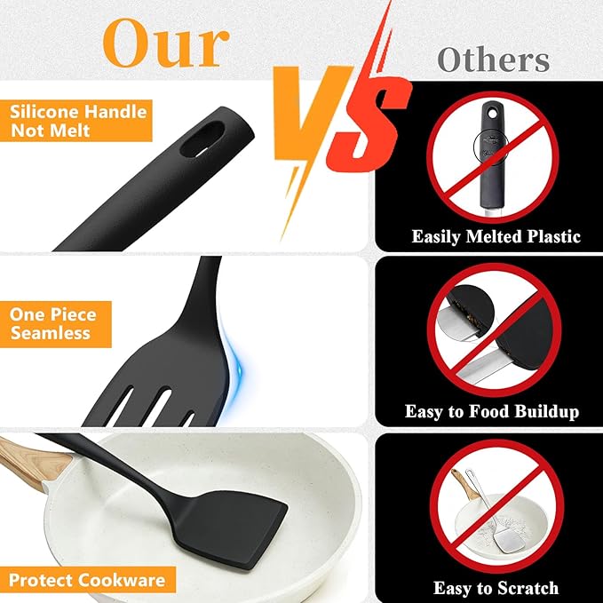 Silicone Spatula Turner Set, 600°F High Heat Resistant Spatulas for Cooking, BPA Free, Large Flexible Kitchen Utensils Flipping Eggs, Pancakes, Fish, Burgers, Dishwasher Safe (4 Pack, Black)