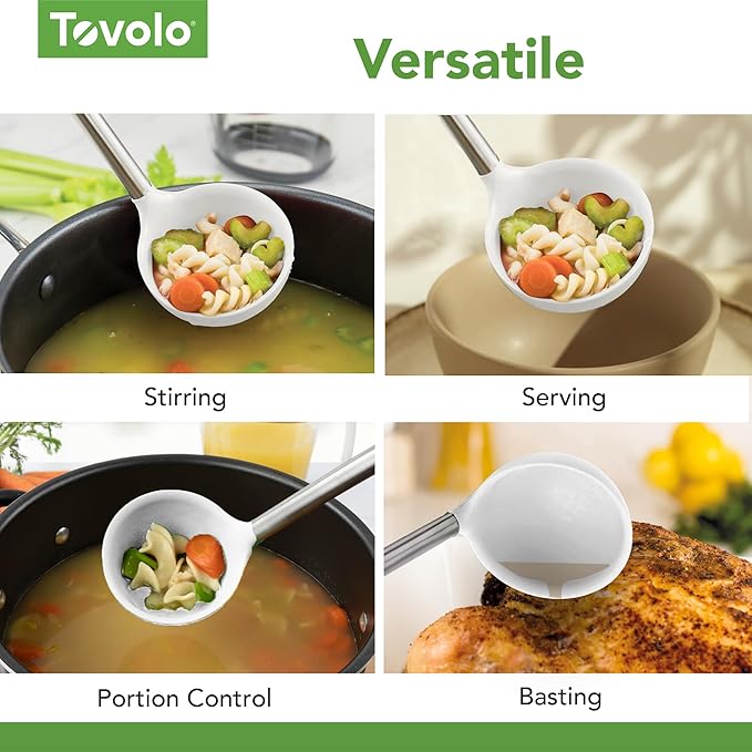 Tovolo Silicone Ladle With Stainless Steel Handle Deep Soup Ladle for Cooking Canning Serving Soup Punch Stew Sauce, Large Kitchen Utensil Spoon Dishwasher Safe BPA Free Silicone White