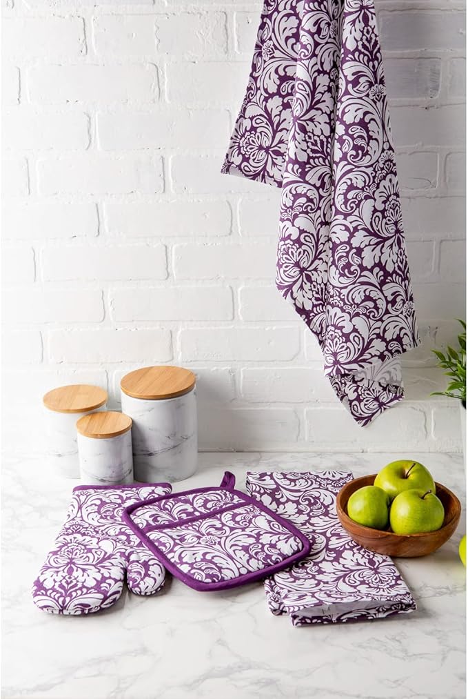 DII Quilted Kitchen Oven Mitt & Potholder Set, Hanging Loop for Convenient Storage, OM 6.5x12/PH 8x8.5, Eggplant Damask Print, 2 Piece