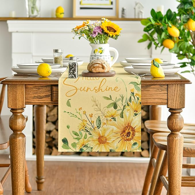 Artoid Mode Yellow Hello Sunshine Sunflower Eucalyptus Summer Table Runner, Seasonal Spring Kitchen Dining Table Decoration for Home Party Decor 13x72 Inch