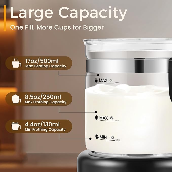 Milk Frother and Steamer, 6 in 1 Milk Steamer and Milk Warmer, 17oz Auto Shut Off Electric Frother with Touch Screen, Hot/Cold Foam Maker for Coffee, Latte, Cappuccino, Hot Chocolate, Black