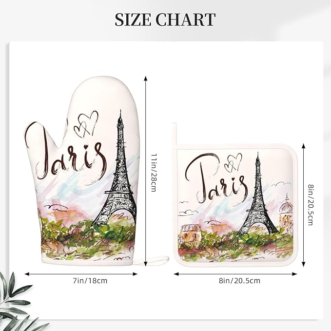 Pretty Romantic Paris Eiffel Tower Oven Mitts and Pot Holders Sets of 4, Heat Resistant Silicone Oven Mittens and Potholders Gloves Hot Pads for Kitchen Cooking Baking Grilling BBQ Chef