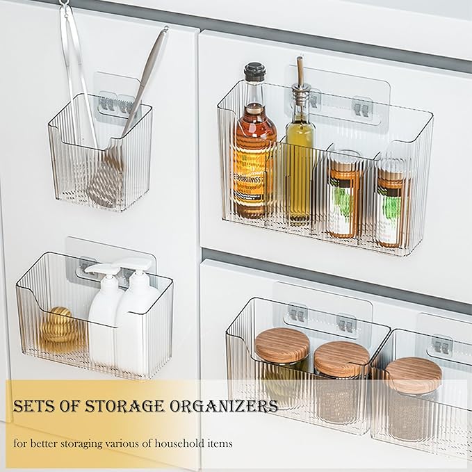 Lae Nuvole 2 Pack Adhesive Mount Cabinet Door Organizer, Wall Mounted Bathroom Organizers and Storage Bins Plastic Stackable Shower Caddy Hanging Floating Shelves for Narrow Space, BPA Free (Clear)