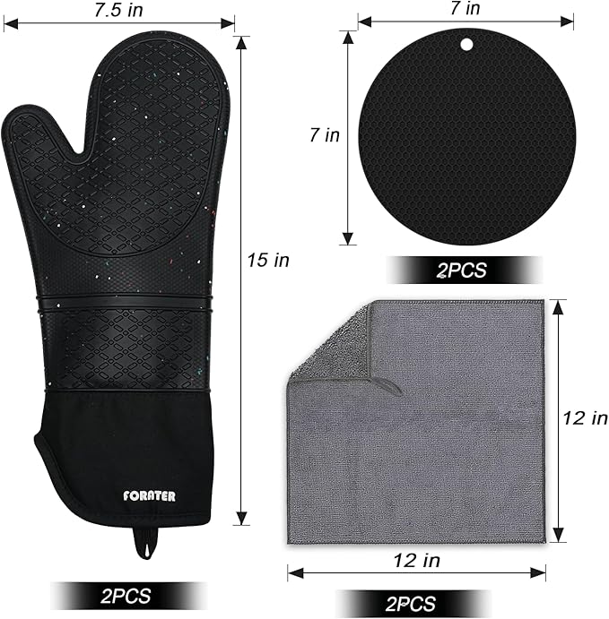 Silicone Oven Mitts 15'' Heat Resistant Flexible Oven Glove Set Hot Mitts with Soft Cotton Lining for Cooking, Baking, and Grilling (Black Mitts+potholders+Kitchen Towels, 15'')