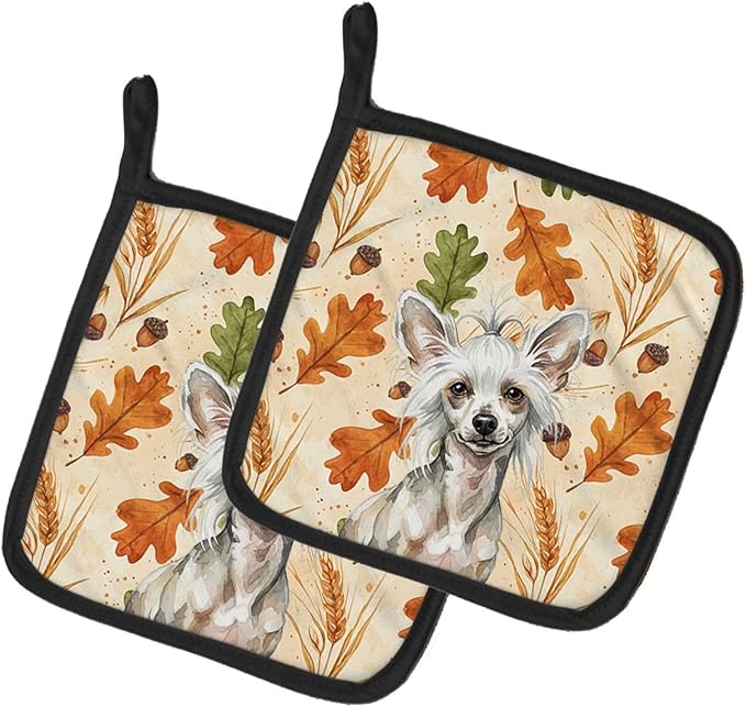 Caroline's Treasures Hairless Mottled Pattern Chinese Crested Heirloom Fall Pair of Pot Holders Pair 7.5x7.5 Quilted Insulated Hot Pads Decorative Kitchen Gift Made in USA