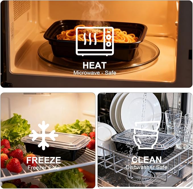 Qewro 10Pack 35oz Meal Prep Containers Disposable Food Storage Containers with Lids, 1-Compartment Reusable Food Storage Plastic Stackable To Go Boxes Microwave, Freezer, Dishwasher Safe