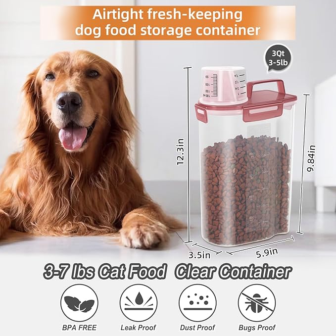 LEAWALK Airtight Small Cat Dog Pet Food Storage Containers BPA Free, with Large Pour Spout/1 Measuring Cup/ 4 Safety Locks and Double-layer Silicone Strip (Clear Pink, 3L-1pack)