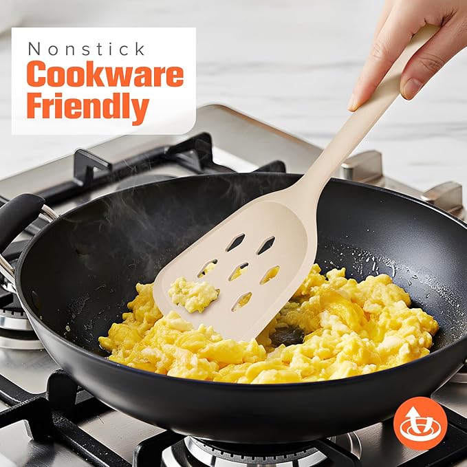 Silicone Cooking Spatula&Slotted Spatulas, Pack of 2,Solid Turner Kitchen Utensils Set for Cooking,Frying, Baking, Flipping, Turning,Heat Resistant 450℉ (KHAKI)