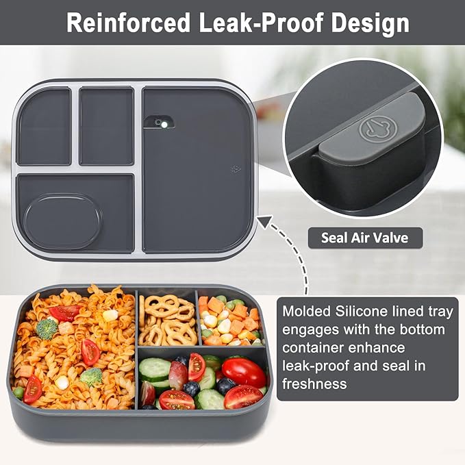 Caperci Stackable Bento Lunch Box for Adult & Teens - Reinforced Leak-Proof Lunch Container 4-Compartment with Utensils & Sauce Container, BPA-Free, Dishwasher/Microwave Safe, 47oz (Dark Gray)