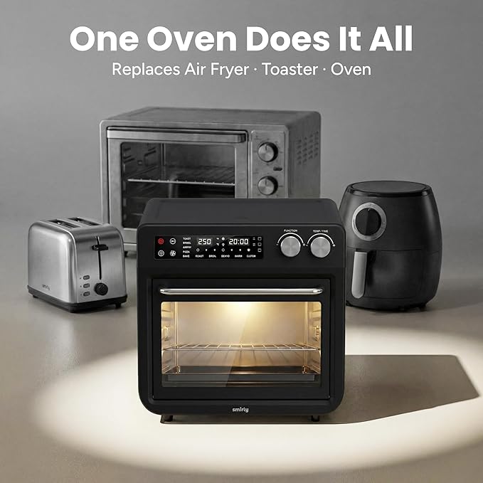 SMIRLY Digital Air Fryer Toaster Oven Combo, 27QT Convection Countertop Oven, 10-in-1 Multi-Function Fits 12" Pizza & 6 Slices of Toast, Stainless Steel, Black