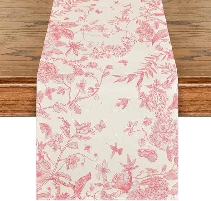 Artoid Mode Pink Monochrome Sketch Birds Flowers Spring Table Runner, Seasonal Summer Kitchen Dining Table Decoration for Home Party Decor 13x72 Inch