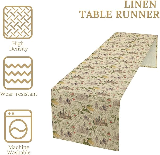 Dragon Table Runner, Mid Century Magical Castle Knights Beige Art Printed Runner for Home Kitchen Dining Table Living Room Decor Fabric 1 Panel W13xL90in