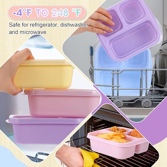 Honeydak 5 Pack Snack Containers 3 Compartment Bento Snack Boxes Divided Meal Prep Containers with Lids Reusable Adults Lunch Food Storage Box for School Work Travel(Candy Color)