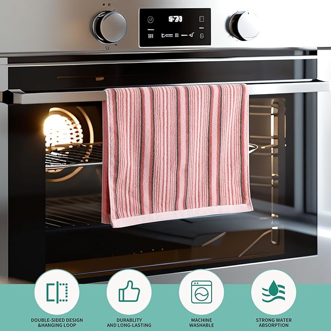 SALAS Premium Cotton Kitchen Dish Towels for Drying Dishes,Large Long 390GMS Hand Towels, Thick Highly Absorbent Dish Cloth Towel Sets with Hanging Loop, 16" X 26", 3 Pcs, Pink