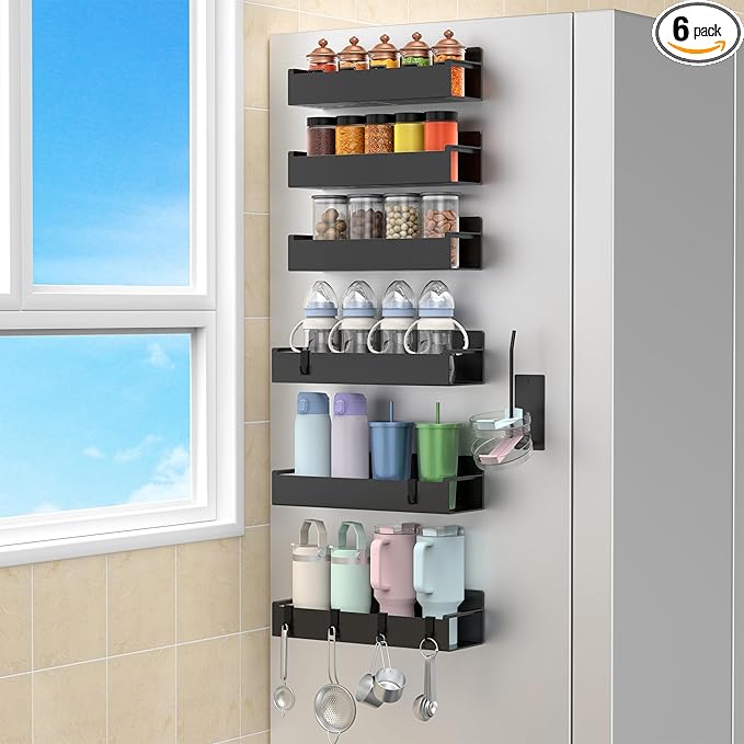 HuggieGems Magnetic Water Bottle Holder for Refrigerator, Cup Holder Organizer for Stanley and Tumbler for Kitchen, 6 Pack, Black